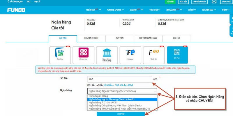 nap tien 3 Hướng dẫn từng bước Nạp tiền Fun88 chi tiết nhất